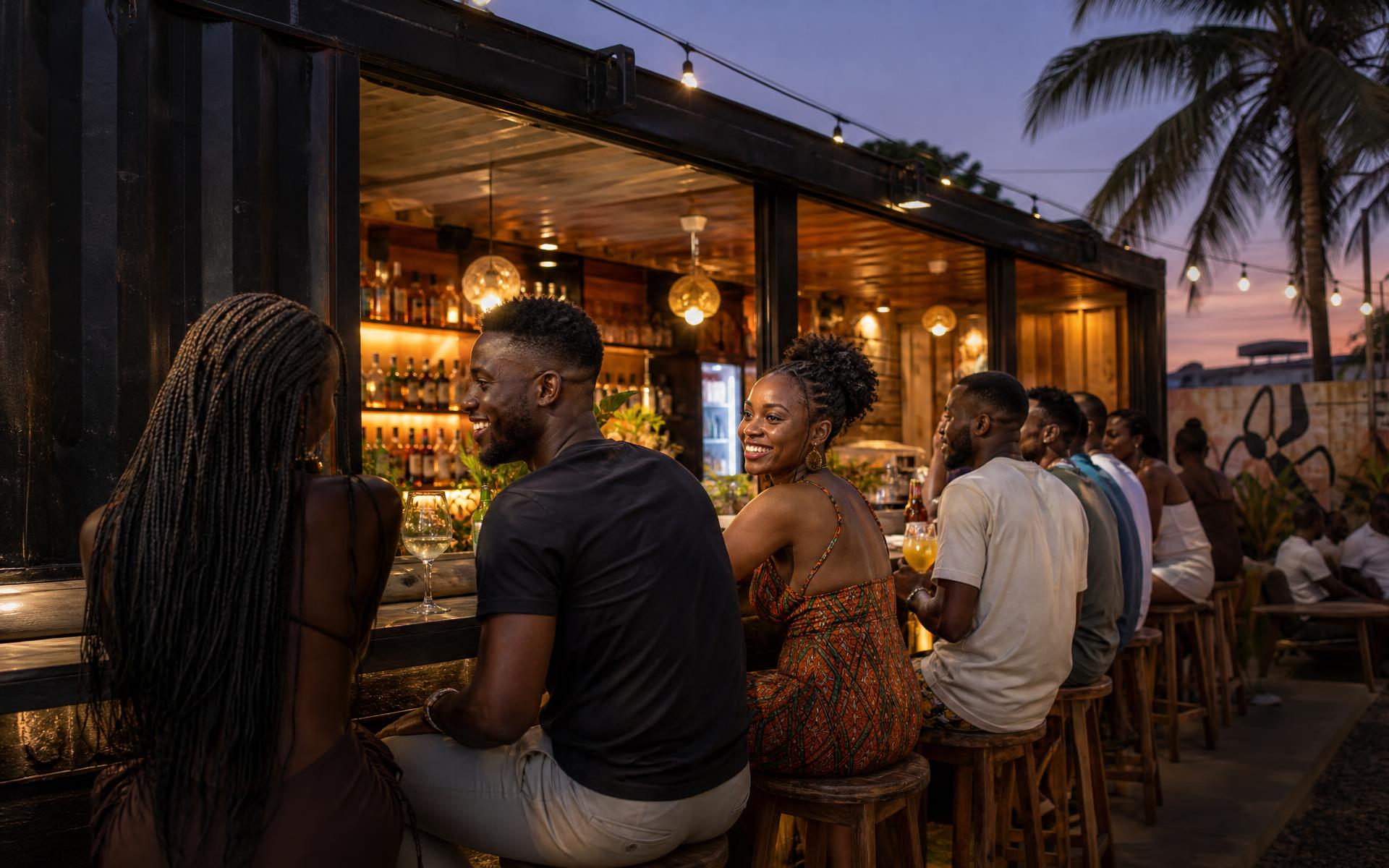 Matte black shipping container transformed into a cocktail bar at night with warm gold lighting